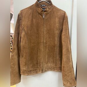 Utex Tan Suede Zip-Front Jacket with Braided Trim
